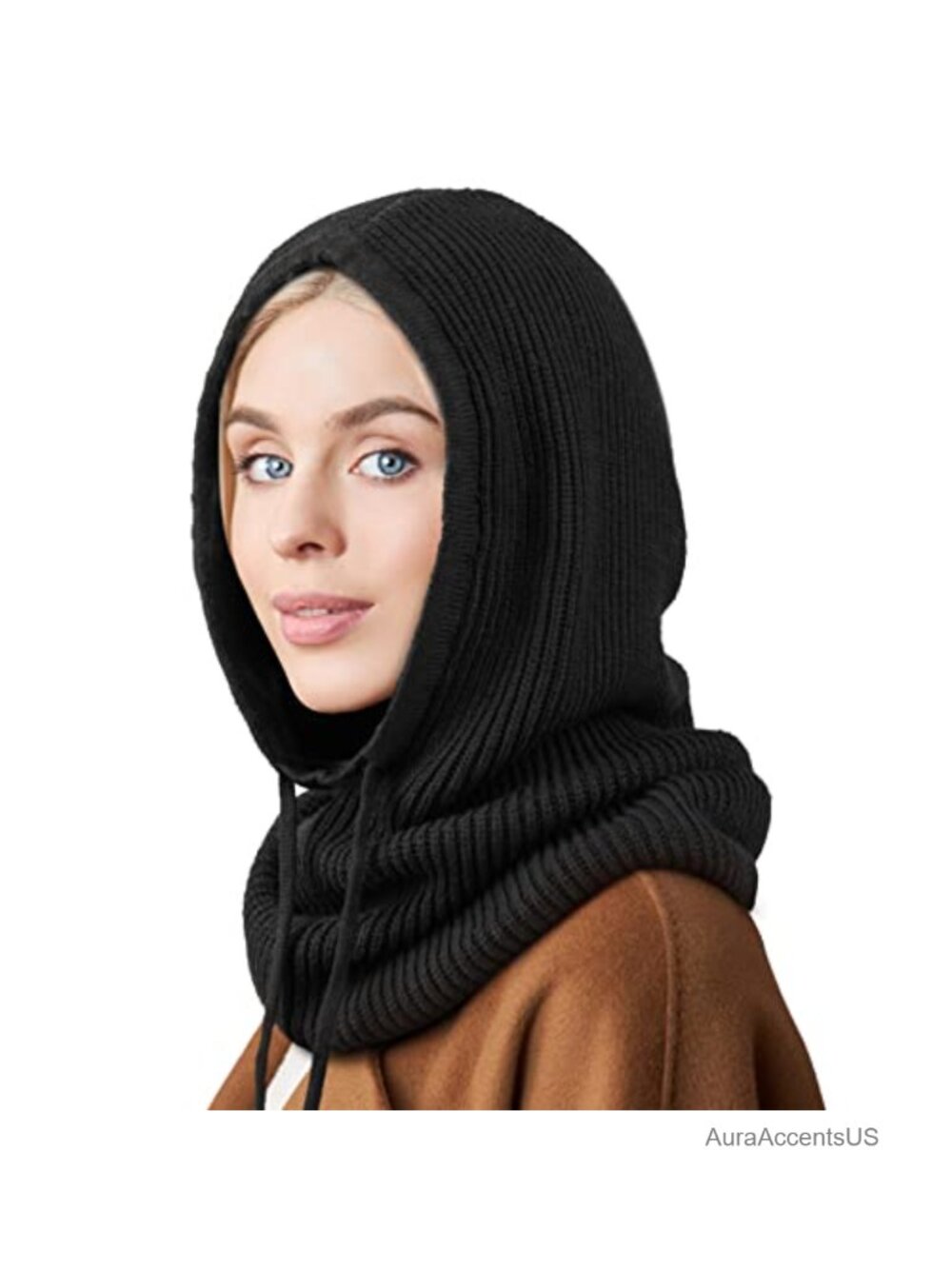 Knit Balaclava Winter Hat with Adjustable Drawstring Hooded Scarf for Women
